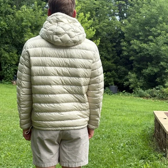 Moncler Beige Hooded Jacket with Gray and White Accents